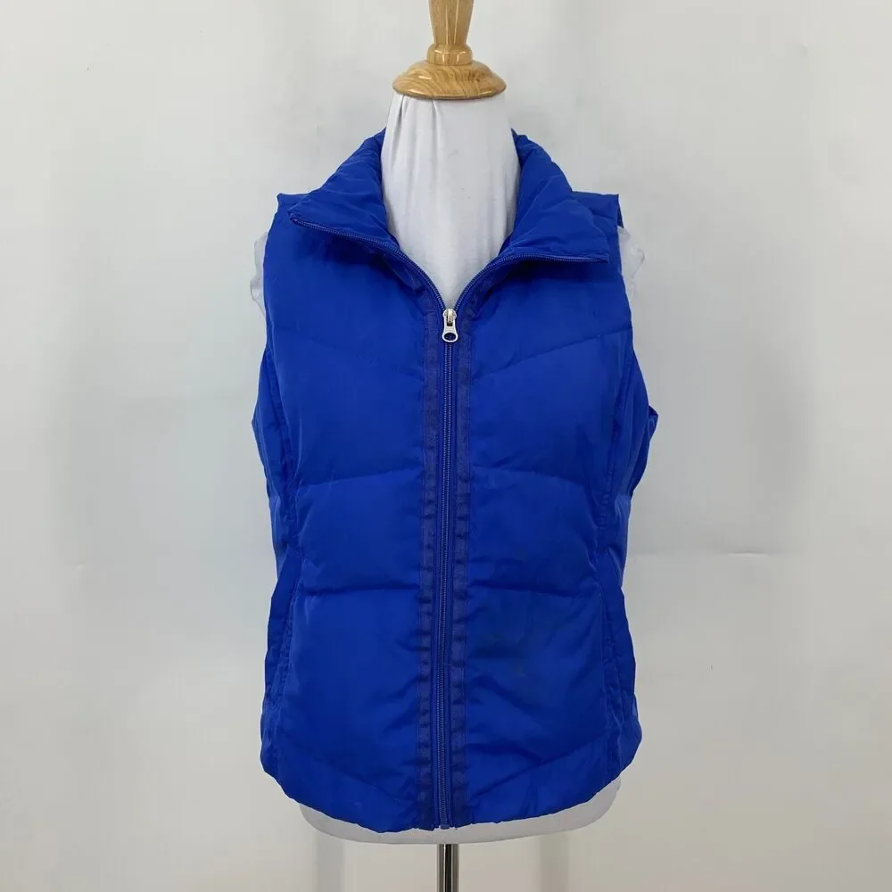 Lands End Down Puffer Vest Womens XS Extra Small Cobalt Blue Zip Up Snap Pockets